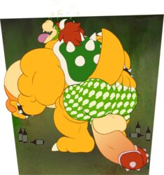 1boy anthro ass balls bara big_butt big_pecs bowser boxers_(clothing) full_body furry furry_only gay green_underwear hyper hyper_pecs hyper_penis looking_back male male_only mario_(series) muscular muscular_male nipple nipples pecs pectorals penis rubberskunktoo scratching scratching_butt solo standing testicles transparent_background underwear