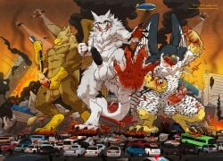 5_fingers abs aircraft airship anthro avian balls beak biceps bird blood blood_in_mouth blood_on_penis bodily_fluids brown_body brown_fur building building_destruction carpo city city_background city_crushing city_destruction cityscape claws corvidius_(character) death destruction erection extreme_size_difference falcon falconid feathered_wings feathers feet fingers fire fur genitals gore group gryphon house humanoid_genitalia humanoid_penis kill_(sergal) landscape_dwarfing macro male massacre masturbation muscular muscular_anthro muscular_male mythological_avian mythological_creature mythology nude outside pawpads paws pecs penile penis rampage sergal size_difference sky smashing smile soles squish stomping tail toes train trio vehicle vehicle_crash wfa white_body white_fur wings