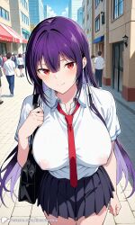 1girls ai_generated breasts city covered_nipples crowd encoder female haitekudasai_takamine-san large_breasts long_hair looking_at_viewer no_panties no_underwear outdoors public school_uniform skirt smile street takamine_takane tie uncensored walking white_shirt