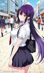 1girls ai_generated breasts city covered_nipples crowd encoder female haitekudasai_takamine-san large_breasts long_hair no_panties no_underwear outdoors public school_uniform side_view sideboob skirt street takamine_takane tie uncensored walking white_shirt