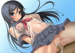 aragaki_ayase blue_eyes blue_hair blush breasts clothing cum erect_nipples erect_nipples_under_clothes female high_resolution long_hair looking_at_viewer nakadashi nipples no_bra ore_no_imouto_ga_konna_ni_kawaii_wake_ga_nai panties_aside pantsu saxasa_kisuk school_uniform sex shiny shiny_skin skirt small_breasts smile uncensored underwear vaginal_penetration