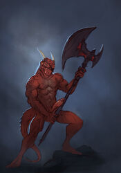 abs anthro argonian axe battle_axe biceps big_penis darkness eye_patch eyewear full_length horn invalid_tag licking licking_lips male male_only melee_weapon muscular pecs penis pose red_scales scales scalie simple_background skyrim solo standing the_elder_scrolls tongue tongue_out unknown_artist video_games weapon