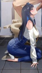 1boy 1girls bathroom big_breasts black_hair blue_eyes blue_hair blue_pants blush breasts censored denim drinking_urine fellatio female gulping hair_intakes high-waist_pants high_heels highres hololive hololive_english hololive_english_-council- hololive_english_-promise- human_urinal humiliated humiliating humiliation inukai_mofu jeans kissing_penis kneeling kneeling_oral_position large_breasts long_hair long_sleeves looking_at_another looking_up male multicolored_hair official_alternate_hair_length official_alternate_hairstyle on_knees oral ouro_kronii pants pee_drink peeing peeing_in_mouth penis shirt shirt_tucked_in sitting solo_focus straight straight_hair tile_floor tiles toilet turtleneck two-tone_hair urinating urinating_male urination urine urine_drinking virtual_youtuber wariza watersports white_shirt