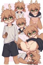 antlers brown_fur cedar_fennor cub cum deer furry green_eyes horny male male_cub male_only oc penis tears_in_eyes teenager