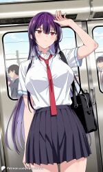 1girls ai_generated breasts covered_nipples crowd encoder female haitekudasai_takamine-san large_breasts long_hair no_panties no_underwear outdoors public school_uniform skirt subway takamine_takane tie train uncensored white_shirt
