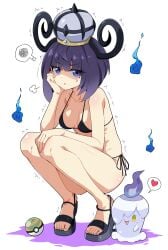artist_request blush embarrassed embarrassed_nude_female embarrassing_outfit feet gwynn_(pokemon) head_rest hitomoshi litwick medium_breasts micro_bikini muku_(pokemon) nintendo pokemon pokemon_(species) pokemon_legends:_z-a sandals spoken_heart spoken_squiggle squatting squiggle toles trembling