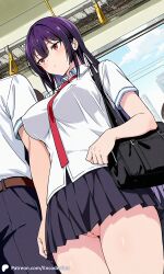 1girls ai_generated bottom_view breasts covered_nipples crowd encoder female haitekudasai_takamine-san large_breasts long_hair no_panties no_underwear outdoors public pussy school_uniform skirt subway takamine_takane tie train uncensored vagina white_shirt