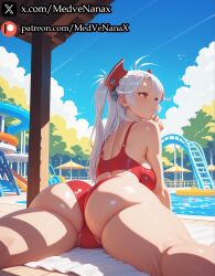 2026 ai_generated artist_name ass_focus azur_lane big_ass big_breasts bikini curvy female glossy hi_res high_resolution highres huge_ass huge_breasts long_hair looking_at_viewer medvenanax pool poolside prinz_eugen_(azur_lane) red_bikini red_eyes seductive_smile shiny_skin silver_hair solo stable_diffusion swimsuit thick_thighs uncensored watermark wide_hips