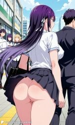 1girls ai_generated ass bare_ass bottom_view breasts city covered_nipples crowd encoder female haitekudasai_takamine-san large_breasts long_hair no_panties no_underwear outdoors public school_uniform skirt street takamine_takane tie uncensored walking white_shirt wind_lift