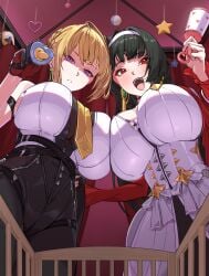2girls absurdres arm_strap astra_yao asymmetrical_docking bangboo_(zenless_zone_zero) bare_shoulders black_gloves black_hair black_pants blonde_hair breast_press breasts commentary_request dress earrings elbow_gloves evelyn_chevalier gloves hair_intakes hairband half_gloves high-waist_pants highres holding holding_another's_arm holding_pacifier holding_rattle indoors jewelry large_breasts latex_pants long_hair looking_at_viewer mole mole_under_eye multiple_girls open_mouth pacifier pants purple_eyes rattle red_eyes red_shrug shirt shrug_(clothing) single_elbow_glove single_half_glove smock tight_clothes tight_pants uneven_bangs white_dress white_hairband white_shirt yoruta_(yossy_puyo_holo) zenless_zone_zero