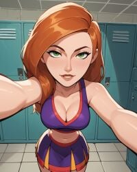 ai_generated bare_shoulders breasts cheerleader cleavage collarbone crop_top female green_eyes indoors kim_possible kimberly_ann_possible large_breasts lips locker locker_room long_hair looking_at_viewer medium_breasts midriff miniskirt navel orange_hair parted_lips pleated_skirt pom_pom_(cheerleading) purple_skirt reaching skirt smile solo tile_floor tile_wall tiles