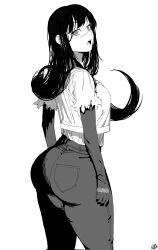 1girls ass black_hair black_pants chainsaw_man female highres huge_ass long_hair looking_at_viewer looking_back mitaka_asa pankekes pants scar scar_on_face shirt solo thick_thighs thighs torn_clothes white_shirt yoru_(chainsaw_man)