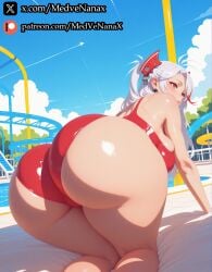 2026 ai_generated artist_name ass_focus azur_lane big_ass big_breasts bikini curvy female glossy hi_res high_resolution highres huge_ass huge_breasts long_hair looking_at_viewer medvenanax pool poolside prinz_eugen_(azur_lane) red_bikini red_eyes seductive_smile shiny_skin silver_hair solo stable_diffusion swimsuit thick_thighs uncensored watermark wide_hips