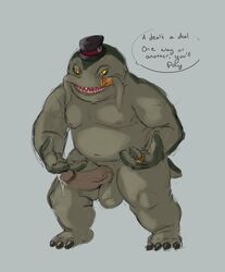 amphibian anthro balls big_penis carpemortem_(artist) catfish cum fish frog hat jewelry league_of_legends male male_only marine overweight penis riot_games simple_background slightly_chubby smile solo speech_bubble tahm_kench video_games yellow_eyes