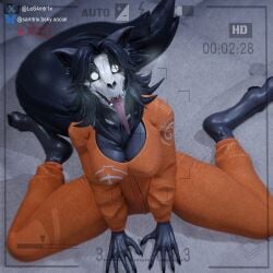 1:1 3d_(artwork) anthro athletic athletic_anthro athletic_female big_breasts black_body black_fur black_hair breasts breath canid clothing collar da.nilkaz_(modeler) digital_media_(artwork) female fur glowing glowing_eyes hair hi_res jumpsuit looking_at_viewer mal0 malo mammal one_eye_closed open_mouth samtrix scp-1471 scp-1471-a scp-1471-a_(da.nilkaz) scp_foundation sitting solo tail thick_thighs tongue tongue_out wink winking_at_viewer