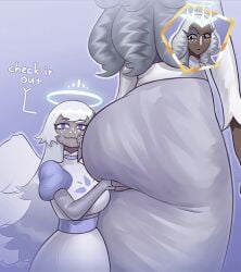 2d 2d_(artwork) 2girls angel angel_wings ass big_ass big_butt breasts confused dryvial emily_(hazbin_hotel) female gluteal_fold halo hazbin_hotel hyper_ass imminent_sex incest meme sera_(hazbin_hotel) seraphim sister_and_sister sisters smug tagme