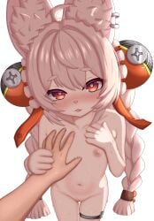 absurdres ahoge animal_ear_fluff animal_ear_piercing animal_ears azunyart blush braid braided_twintails cleft_of_venus collarbone commentary_request completely_nude female flat_chest furry furry_female hand_on_another's_chest head_tilt highres long_hair looking_at_viewer navel nude open_mouth pink_fur pink_hair pov pov_hands pussy rabbit_ears rabbit_girl red_eyes screw short_eyebrows simple_background stomach teeth thick_eyebrows thigh_strap uncensored upper_teeth_only white_background zenless_zone_zero zhao_(zenless_zone_zero)