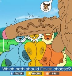 1boy 3girls big_breasts blue_skin brown_fur edit edited eevee eeveelution flareon grinning hyper hyper_penis jolteon komi_edits nintendo orange_fur pokemon pokemon_(species) red_fur smiling tail tasteofchoklit_(edit) text vaporeon yellow_fur