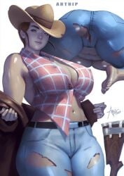 artnip belt breasts brown_hair cleavage coat cowboy_shot denim fallout fallout:_new_vegas grey_eyes jeans lips looking_at_viewer pants pussy pussy_peek rose_of_sharon_cassidy shirt sleeveless smile thick_thighs thighs torn_clothes torn_jeans torn_pants underboob wide_hips