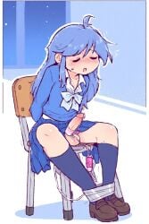 ai_generated black_stockings blue_and_white_background blue_sailor_uniform blue_skirt blush brown_shoes closed_eyes dick femboy horny sweating taped_legs tied_to_chair vibrator whimpering white_collar