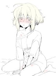 1boy after_sex androgynous bite_mark bite_marks blonde_hair blush bottomless clothed clothing femboy femboy_only lio_fotia markings monochrome oversized_clothes oversized_shirt petite petite_body petite_male promare shirt shirt_only slim slim_male slim_waist solo twink