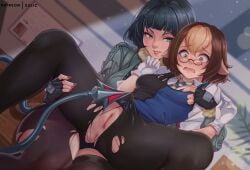 2girls animal_ears black_hair brown_hair commentary english_commentary exlic fingerless_gloves glasses gloves jane_doe_(zenless_zone_zero) mouse_ears mouse_girl mouse_tail multicolored_hair multiple_girls necktie pantyhose pussy reverse_upright_straddle sharp_tail spread_legs tail tearing_clothes tomiya_(zenless_zone_zero) torn_clothes torn_pantyhose two-tone_hair variant_set yuri zenless_zone_zero