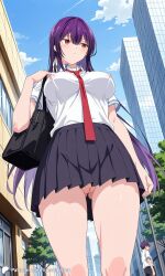 1girls ai_generated bottom_view breasts city covered_nipples crowd encoder female haitekudasai_takamine-san large_breasts long_hair no_panties no_underwear outdoors public school_uniform skirt street takamine_takane tie uncensored vagina walking white_shirt