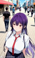 1girls ai_generated breasts city covered_nipples crowd encoder female haitekudasai_takamine-san large_breasts long_hair no_panties no_underwear outdoors public school_uniform skirt street takamine_takane tie uncensored walking white_shirt