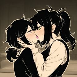 2d 2girls age_difference ai_generated ashley_graves french french_kiss green_eyes high_ponytail incest kissing looking_at_partner mature mature_female milf mother_and_daughter neutral_expression pink_eyes ponytail renee_graves the_coffin_of_andy_and_leyley tongue tongue_kiss tongue_out yuri