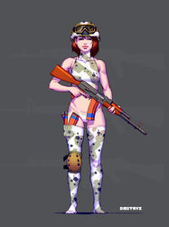 ak-74 ammunition assault_rifle blue_tape camouflage clothing color combat_helmet dmitrys finger_on_trigger full_lips goggles grey_background gun human human_only knee_pad magazine_(weapon) non_nude red_hair scantily_clad skimpy_armor skindentation soldier solo strong_woman tagme thigh_socks weapon white_thong