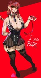 1girls alternate_breast_size_(larger) artist_logo between_breasts black_leotard black_necktie black_thighhighs braid breasts chainsaw_man cleavage collar detached_collar english_text female full_body holding holding_collar large_breasts leash leotard logo long_hair makima_(chainsaw_man) necktie necktie_between_breasts pankekes red_background red_hair ringed_eyes single_braid skindentation solo standing thighhighs yellow_eyes