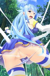 aqua_(konosuba) ass bare_shoulders blue_eyes blue_hair blue_sky blush censored day detached_sleeves female forest from_behind from_below hair_rings highres homura_k kono_subarashii_sekai_ni_shukufuku_wo! long_hair miniskirt mosaic_censoring nature open_mouth outdoors panties panty_pull pussy restrained skirt sky solo striped striped_panties thighhighs tree underwear very_long_hair