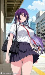 1girls ai_generated bottom_view breasts city covered_nipples crowd encoder female haitekudasai_takamine-san large_breasts long_hair no_panties no_underwear outdoors public school_uniform skirt street takamine_takane tie uncensored vagina walking white_shirt wind_lift