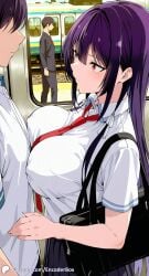 1girls ai_generated breasts covered_nipples crowd encoder female haitekudasai_takamine-san large_breasts long_hair no_panties no_underwear outdoors pressed_against pressing_breasts public school_uniform skirt subway takamine_takane tie train uncensored white_shirt