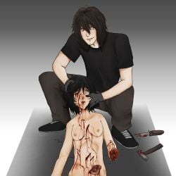 amputated_arm amputee beard black_hair blood blood_drip blood_in_mouth blood_on_face blood_splatter clothed_male_nude_female cmnf defeated dismemberment eye_rolling_back facial_hair gloves gore guro hammer holding_head intestines killed killing knife limbless male male/female metalhead one_eye_closed open_stomach raped_female ryona sadism simple_background smiling sneakers snuff squatting stab_wound stabbed tagme