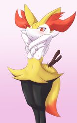 anthro aoinu areola big_ears blush braixen breasts canine ear_fur female fennec fox fur hind_legs looking_at_viewer mammal navel nintendo nipples nude pointy_ears pokémon_(species) pokemon pokemon_(species) red_eyes small_breasts solo standing stick thick_thighs video_games wood