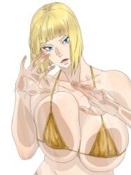 1girls against_fourth_wall bikini blonde_hair blue_eyes bob_cut breast_press breasts female hands_up highres large_breasts mattsun_(lyohei) mattsunart naruto naruto_(series) naruto_shippuden open_mouth samui short_hair solo standing swimsuit upper_body voluptuous white_background yellow_bikini