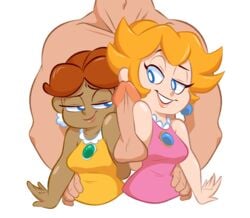 1boy 2girls blonde_hair blue_eyes dark_skin davidbaronart earrings goopbloop goopygear lips mario_(series) mario_tennis multiple_girls nintendo penis princess_daisy princess_peach unseen_male_face