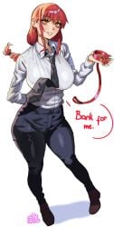 1girls artist_logo black_necktie black_pants braid breasts brown_shoes chainsaw_man collar collared_shirt dress_shoes english_text female formal_clothes full_body holding holding_collar large_breasts leash logo long_hair makima_(chainsaw_man) necktie pankekes pant_suit pants red_hair ringed_eyes shirt shoes simple_background single_braid solo standing suit white_background white_shirt yellow_eyes