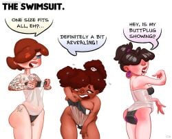 3girls alt_girl anal brown_hair buttplug catullust16 english_dialogue english_text gauged_ear huge_buttplug massive_buttplug purple_buttplug swimsuit swimsuit_over_buttplug tagme tattoo tattoos