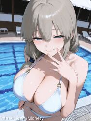 1girls ai_generated artist_name bare_arms bare_shoulders bikini blue_eyes blush breasts cleavage closed_mouth collarbone cowboy_shot fingernails from_above grey_hair grin hair_between_eyes hair_over_shoulder half-closed_eyes halterneck hand_up indoors large_breasts light_brown_hair long_hair looking_at_viewer low_ponytail mature_female mionety navel o-ring o-ring_bikini patreon_username pool poolside sidelocks smile solo standing stomach string_bikini swimsuit thighs tongue tongue_out twitter_logo twitter_username unusually_open_eyes uzaki-chan_wa_asobitai! uzaki_tsuki water white_bikini