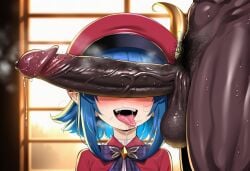 ai_generated angel_sword_studios blue_hair can't_see_the_haters clothed_female_nude_male cock dark-skinned_male dick_on_face elf_ears indie_virtual_youtuber leaflit sharp_ears tongue_out virtual_youtuber