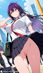 1girls ai_generated bottom_view breasts city covered_nipples crowd encoder female haitekudasai_takamine-san large_breasts long_hair no_panties no_underwear outdoors public school_uniform skirt street takamine_takane tie uncensored vagina walking white_shirt wind_lift