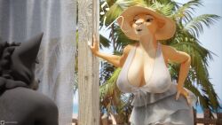 16:9 3d_(artwork) anthro big_breasts blender_(artwork) breasts canid canine canis clothing digital_media_(artwork) disney dress duo felid female fur hat headgear headwear hi_res lion male mammal mayosplash_(modeler) mmdrawstuff nala nala_(the_lion_king) nude_beach orange_body orange_fur outside pantherine ricky_(mmad) sun_hat sundress the_lion_king translucent translucent_clothing whistling widescreen wolf