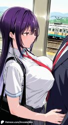 1girls ai_generated breasts covered_nipples crowd encoder female haitekudasai_takamine-san large_breasts long_hair no_panties no_underwear outdoors pressed_against pressing_breasts public school_uniform skirt subway takamine_takane tie train uncensored white_shirt