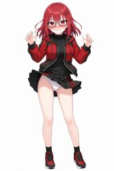 1woman 3751 glasses panties red_eyes red_hair syuzitsu_dokokade_tokiga_naku thighs up_hand upskirt white_panties wind