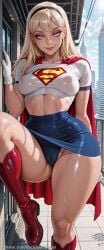 1girl ai_generated ass backdoorsenpai big_ass black_hairband blonde_hair blue_eyes blue_skirt cameltoe covered_nipples curvy dc dc_comics egao female_focus hairband knee_up light_smile lipstick long_hair makeup medium_breasts naughty_face naugty_eyes perky_breasts red_cape red_knee_boots supergirl superman_(series) thick_thighs thighs white_crop_top white_gloves wide_hips