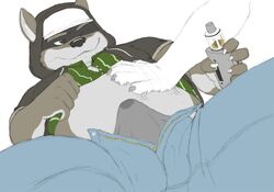 anthro belly_rub bulge clothed clothing clothing_lift cousin_dave disembodied_hand duo e-cigarette flat_colors gearfangred hoodie lying male male_focus male_only mammal motion_lines on_back one_eye_closed open_pants overweight overweight_male raccoon shirt shirt_lift tenting vaping wet_spot