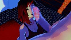 1boy 1girls 3d black_hair black_hair_female bra censored_penis cleavage cum cum_leaking_out_of_penis erect_penis half-dressed half_naked half_naked_female licking_penis nakadashi_(artist) red_highlights ruby_rose rwby underwear