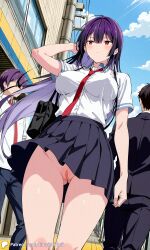1girls ai_generated bottom_view breasts city covered_nipples crowd encoder female haitekudasai_takamine-san large_breasts long_hair no_panties no_underwear outdoors public school_uniform skirt street takamine_takane tie uncensored vagina walking white_shirt wind_lift